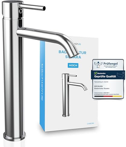 Bächlein Badarmatur Susara hoch mit gebogenem Auslauf, Extra hoher Design Einhebelmischer für Aufsatzwaschbecken mit langlebiger Keramikkartusche und Montage-Set, Bad Wasserhahn Chrom