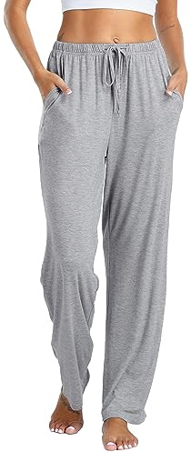 Vlazom Mujer Pantalones de Pijama Largo, Suave Modal Lounge Pantalones de pierna ancha Casual Inicio Pantalones con bolsillos(M,Gris)
