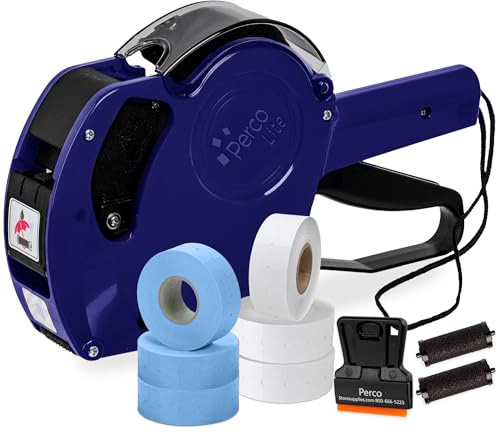 Perco Lite 1 Line Price Gun with Labels Kit - Includes 3 White Rolls, 1 Gun Clip, 3 Blue Rolls, 2 Ink Rollers - 1 Ink roll and Labels Pre-Loaded