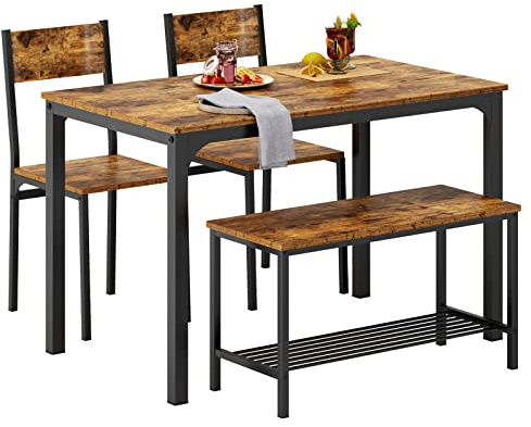 SogesPower Ensemble de table et chaises de salle à manger, avec 1 table, 2 chaises et 1 banc, jeu de table à manger pour 4 personnes, adapté à la cuisine, à la salle à manger, Vintage