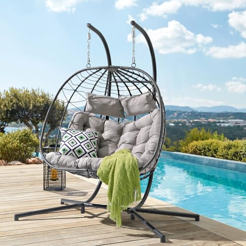 Patiorama 2 Person Double Egg Swing Chair with Stand Indoor Outdoor, Patio Wicker Rattan Hanging Egg Chair w/Cushion, Pillow, Foldable Hammock Chair 550lbs for Bedroom, Balcony, Garden (Light Grey)
