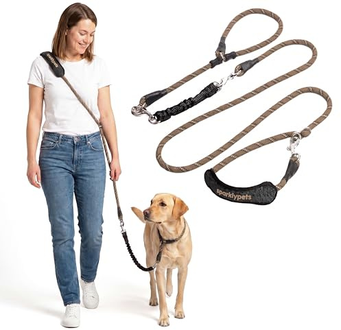 SparklyPets Laisse élastique Multifonction Mains Libres avec Laisse Amovible – Bandoulière et Laisse de Taille pour Promener Le Chien, Races Moyennes et Grandes (Marron)