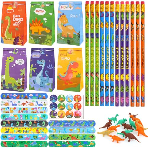 Fizdoqg Dinosauro Festa Compleanno Regalo 50 Pezzi Bomboniere Dinosauri, 12 Matite Dinosauro 14 Gomme Dino 12 Sacchetti di Carta per Feste 12 Braccialetti a Scatto per Festa Compleanno