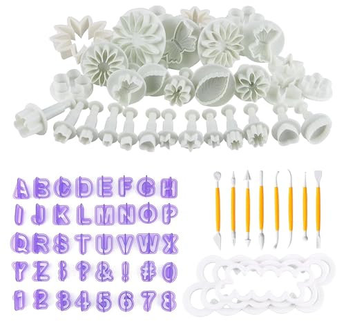 Fondant Ausstecher Set, 84tlg Fondant Ausstecher, Fondant Ausstechformen Ausstechformen für Buchstaben mit Buchstaben Modellierwerkzeug Rose Blume Formen Set für Torten Deko