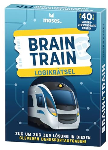 moses. Brain Train, Logikrätsel mit Suchtfaktor für unterwegs, 40 Wiederverwendbare Karten mit Wegwischstift, Denksportaufgaben in 3 Schwierigkeitsstufen für Jugendliche und Erwachsene