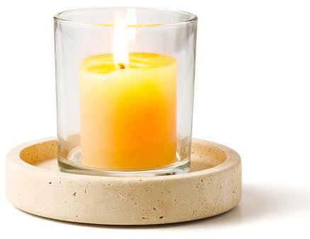 WORHE Candle Holders Italy Premium Natural Marble Candlestick Holder for Jar Pillar Candles Large Round Coaster Plate Jewelry Tray Centerpiece for Wedding Dining Table Home Decor Beige (WH063)