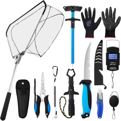 RoundFunny 10 Pcs Fishing Tool Kit, Fishing Pliers with Lanyard and Protective Sheaths, Landing Net, Fillet Knife, Fish Scale, Gripper, Hook Remover, Braid Scissors, Gloves for Fishmen Gifts (Blue)