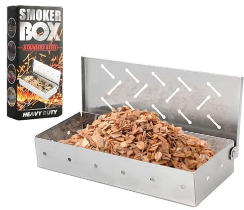 GIONAR Fumoir pour barbecue - Copeaux de bois - Boîte de fumage universelle à gaz et charbon de bois avec couvercle à charnière et fentes de ventilation - Générateur de fumée compact pour barbecues