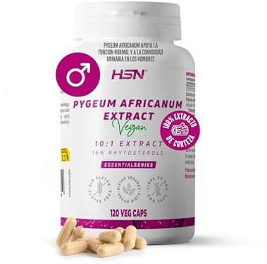 HSN Extracto de Pygeum Africanum 100mg (15% fitosteroles) | 120 Cápsulas Vegetales | 1000mg Equivalencia Corteza Ciruelo Africano | 10x Veces Más Concentrado | No-GMO, Vegano, Sin Gluten
