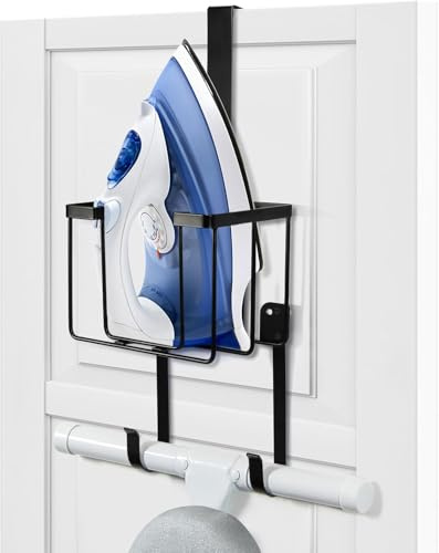 TJ.MOREE Over The Door/Wall Mount Ironing Board Hanger, Laundry Room Iron and Ironing Caddy Board Storage Holder, Black