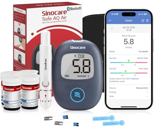 sinocare Safe AQ Air Diabetes Testing Kit & 100 strip, Bluetooth Connection | Bluetooth Blood Sugar Monitor with Strips x 100, Lancing Devices x 100, Carrying Bag, Results in 5s, for UK-in mmol/L