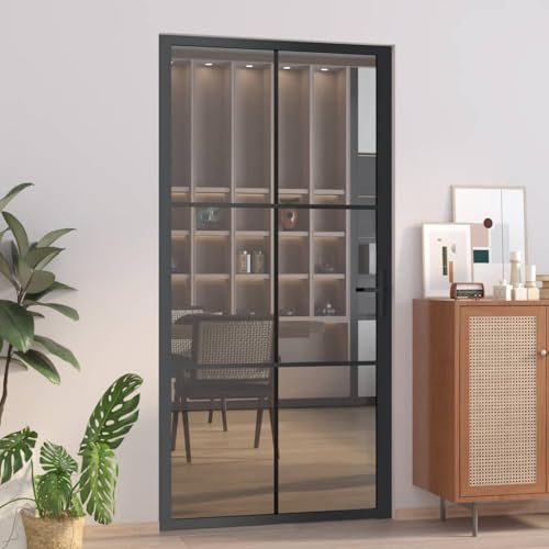 Iiaky Porta Interna in Vetro Porte Interne Moderne Alluminio Porta Interna in Vetro ESG e Alluminio per Bagno Cucina Studio-Nero e Trasparente scuro-102.5 x 201.5 cm