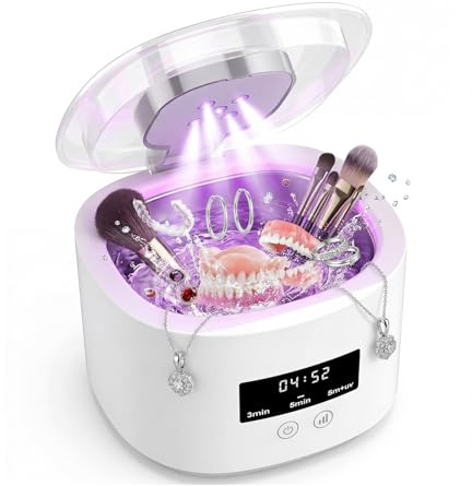 Limpiador Ultrasonidos Portátil 50000Hz, Limpieza Dental Ultrasonidos Recargable con Luz UV, 380ml, 3 Modos para Bracket Retenedores, Protectores Nocturnos, Dentaduras, Alineadores, Joyas etc,Blanco