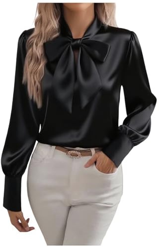 HAOLEI Satin Blouse for Women UK 2025 - Ladies Satin Silk Shirts Elegant Vintage Long Sleeve Bow Tie Neck Shirts Going Out Casual Smart Business Work Office Tops Black