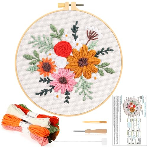 JSRQT Kit Iniziale per Ricamo Floreale con Ago da Punzonatura,Fiore Ricamo Starter Kit con Penna a Punzone,Strumento di Ricamo per Adulti