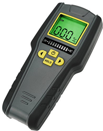 4-in-1 Feuchtigkeitsmesser ohne Pins mit digitaler LCD-Anzeige mit Tricolor Grafik für Trockenbau, Mauerwerk, Nadelholz und Laubholz mit Auto Kalibrierung & Alarm