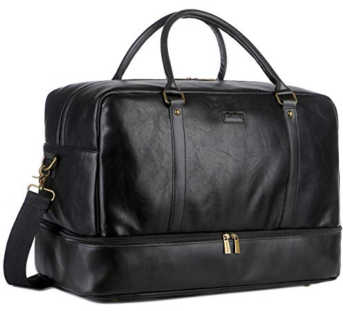 BAOSHA Leather Large Travel Duffel Tote Bag Carry On Weekender Overnight Bag with Shoe Compartment HB-38 (Black)