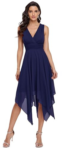 Ever-Pretty Robe de Cocktail Longue Femme Asymétrique Col en V en Mousseline de Soie Plissé Classique Bleu Marine 42
