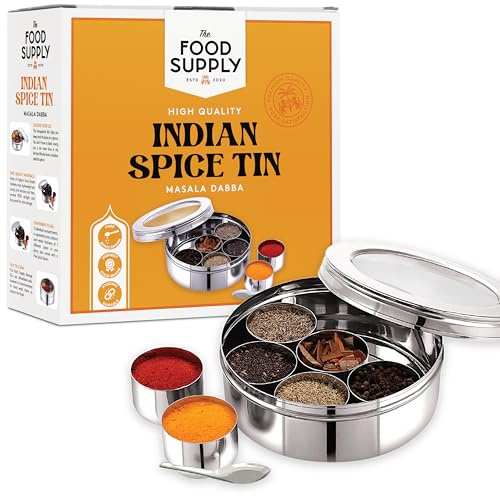 Pick N Save Kryddburk Masala Dabba med 7 fack gjord av högsta livsmedelsklassig rostfritt stål med GRATIS serveringssked (genomskinlig lock, 18 cm)