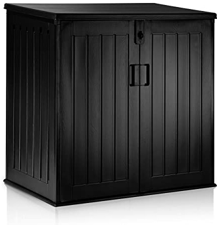 Plonos Scatola da giardino Solid Black rinforzata, struttura in plastica esterna, per balcone, terrazza, capacità 775 l, dimensioni 116 x 112,5 x 71 cm