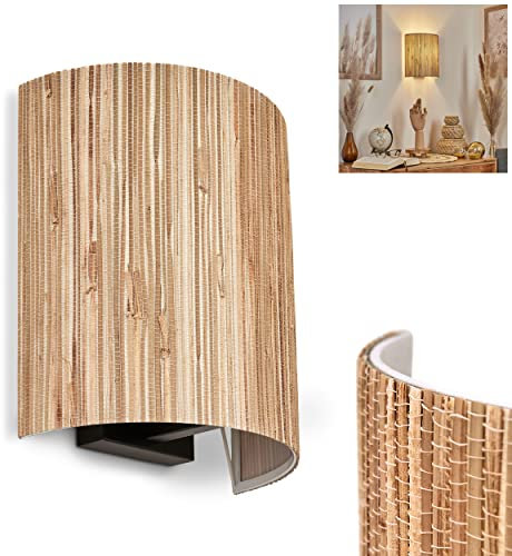 Wandleuchte Bongal, Wandlampe im Boho.Design aus Metall/Seegras in Schwarz/Natur, Wandspot m. rundem Schirm aus Seegras. Mit Up&Down-Effekt an der Wand, 1-flammig, ohne Leuchtmittel
