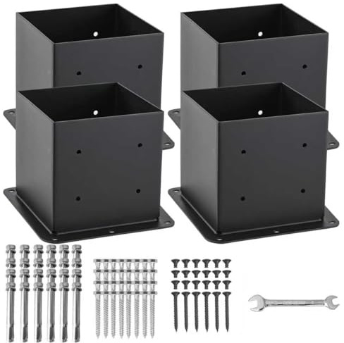 AXWHYS 6x6 Post Base 4 Pcs, (Inner Size 5.6x5.6) Post Anchors, 13GA Thick Solid Steel & Black Powder Coated,Deck Post Brackets Support Deck Base Plate Pergola Brackets Fence Kit