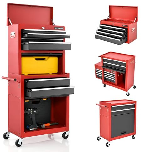 GYMAX Servante d’Atelier à Outils 3 en 1, avec 6 Tiroirs et 2 Grandes Couches, Chariot à Outils d'Atelier en Métal avec Serrure, Charge 90 KG, pour Garage/Atelier (Rouge+Noir)