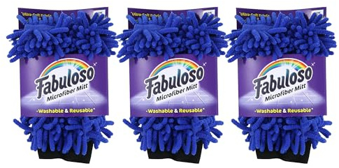 Fabuloso Microfiber Cleaning Mitt Glove, Lint-Free Scratch-Free Dusting and Washing for Furniture, Blinds, Baseboards, Shelves and Car Interior, One Size Fits All, Blue, 3-Pack