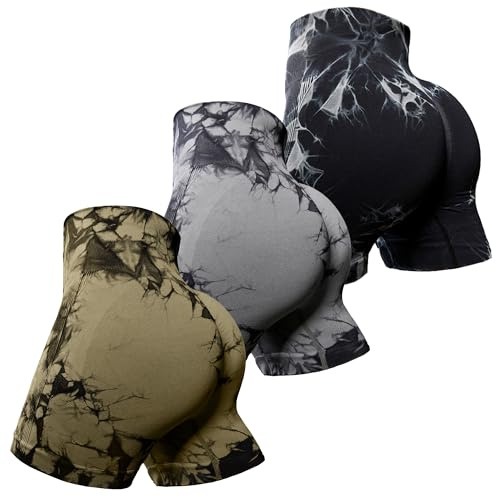 OVESPORT Short d'entraînement pour Femme - Taille Haute - sans Couture - pour Yoga, Gym, Motard, Noir/Gris/Jaune Clair, Taille S