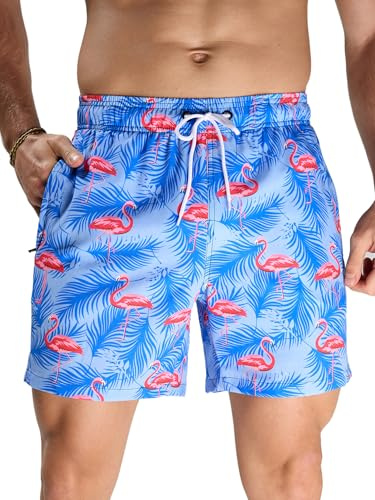 Arcweg Badbyxor för män för män snabbtorkande avslappnade badshorts korta med nätfoder S–XXL, Blå flamingo, L