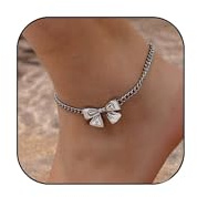 GUYOSWXNM Link Anklets for Women Chunk Gold Bracelets Bow Cuban Anklets for Women Summer Beach Jewelry Gifts (silver)