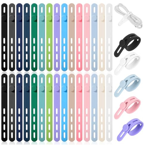 Classicseali Lot de 30 serre-câbles en silicone, serre-câbles en caoutchouc, serre-câbles en silicone, organisateurs de câbles réutilisables multicolores pour écouteurs, téléphone, chargeur, câble