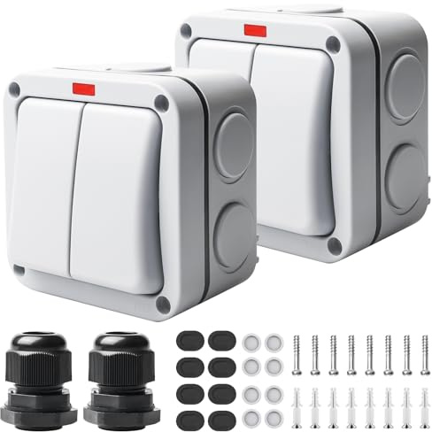 2 interruptores de luz resistentes a la intemperie, 20 A, IP66, resistente al agua, interruptor doble con interruptor independiente y luz de control, interruptor universal para exterior, jardín