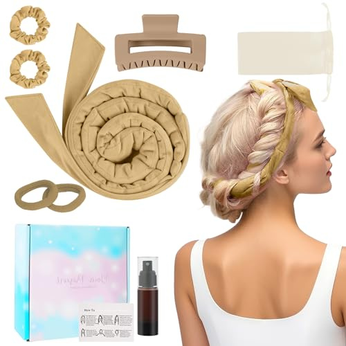 BUTBU Bigodino per Boccoli, Bigodina Fascia Capelli, Fascia Bigodino Kit Fai da Te, Senza Calore, Con Fermagliper Capelli, Morbido, per Salon Barber, Capell Medi Lunghi- Khaki