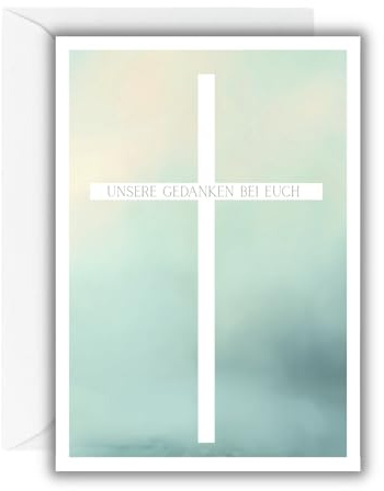 WBdesignz Tarjeta de condolencia Unsere Gedanken bei Euch con sobre blanco – Tarjeta de condolencia cristiana con cruz – Tarjeta de condolencia para expresar simpatía – para familiares y dolientes