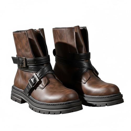 BEDGMDEG Women'S Buckle Chunky Platform Ankle Boots Retro Round Toe Lug Sole Non-Slip Slip-On Cycling Boots For Parties, Casual Wear, Outdoor Activities. (brown,10)