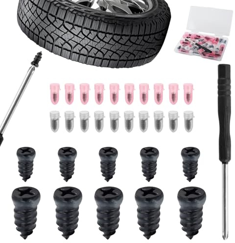 30PCs Tyre Repair Screws Kit,Tire Repairs Plugs Rubber Nail | Car Puncture Repair Kit with Screwdriver, Universal Tyre Repairing Rubber Nails with 2 Sizes for Auto Motorcycle Bicycle