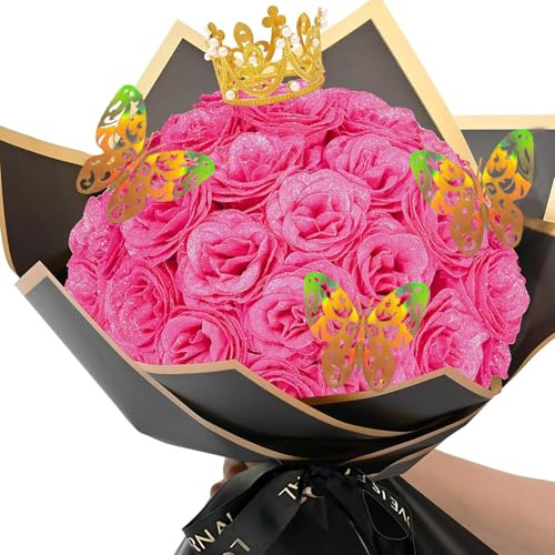 YUZHEDM 24 stycken konstgjorda blommor, evig ros, glitterrosor, rosbukett, gör-det-själv-bukett med krona för alla hjärtans dag, bröllop, förlovning, födelsedag, presenter, årsdag (rosa)