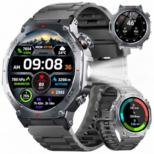 Reloj Inteligente Hombre Militar con GPS y Linterna LED, 5ATM Smartwatch con Brújula llamadas Bluetooth Pulsómetro Oxímetro Sueño, 1.43AMOLED Reloj Deportivo con 160+Modos Deportivos para IOS Android