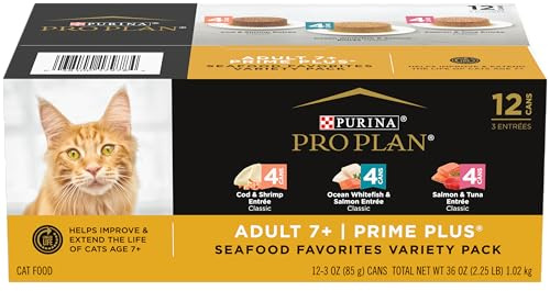 Purina Pro Plan Grain Free Senior Wet Cat Food Variety Pack Pate, SENIOR Seafood Favorites - (2 Packs of 12) 3 oz. Cans