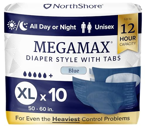 NorthShore MegaMax Lot de 10 couches de nuit pour adulte, style languette 12 heures, taille XL, bleu, 127 à 152,4 cm, sous-vêtements d'incontinence unisexes