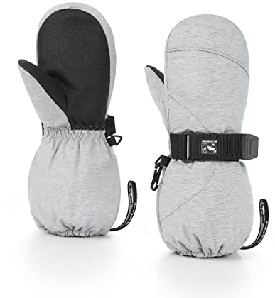 HIGHCAMP Kids Long Cuff Winter Gloves with Stay-on Strap Waterproof Mittens for Toddler Children Snow Ski,S (3-5 Y) Lunar