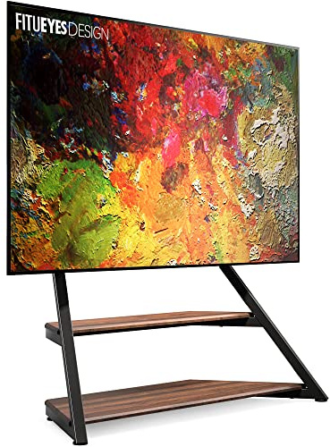 FITUEYES Design golv-TV-stativ för 75-100 tums TV-apparater, artistisk Eiffelserie, TV-stativ med fäste för LCD/LED, platta böjda skärmar, justerbar höjd, med öppna förvaringshyllor, kabelhantering