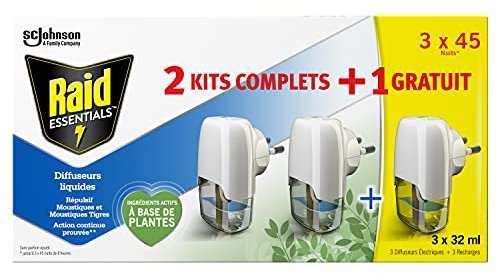 RAID ESSENTIALS DIFFUSEURS ÉLECTRIQUES LIQUIDES RÉPULSIFS MOUSTIQUES, DIFFUSEURS + RECHARGES, 2 + 1, 45 NUITS, 3 X 32 ml