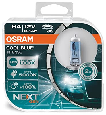 OSRAM COOL BLUE INTENSE H4, +100% luminosa, fino a 5000K, lampada alogena, look LED, duo box (2 lampade)