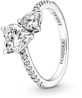 Pandora Timeless Anillo con diseño de doble corazón de plata de ley con circonitas cúbicas transparentes, talla 52