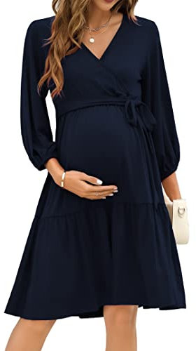 KOJOOIN Damen Umstandskleid V-Ausschnitt 3/4 Ärmel Stillkleid Rüschen Schwangerschafts Kleider mit Gürtel DunKelblau(3/4 Ärmel) L