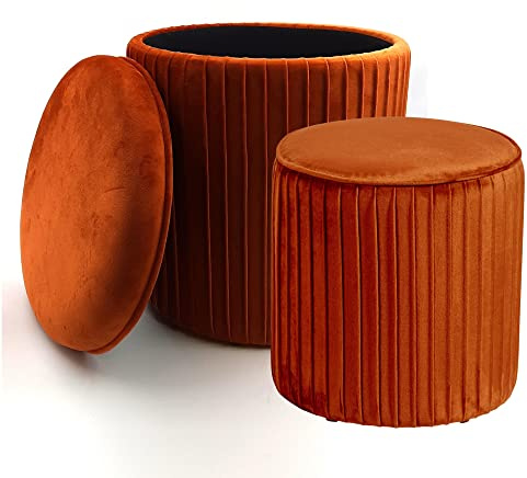 Norbe | TIK-TAK Set 2 Pouf Contenitore Velluto | Poggiapiedi Salotto | Cilindro Impilabile | Sgabello a Coste Camera da Letto | Arancione