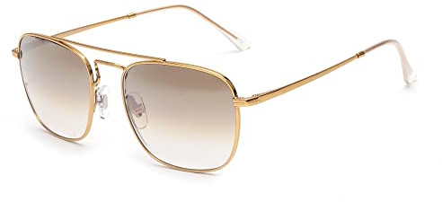 JIM HALO Lunettes de Soleil Pilote Carrées Rétro Verres en Verre de Qualité Supérieure Lunettes Plates en Métal Hommes Femmes (Or/Dégradé Brun)