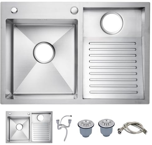 Lavandino in acciaio inox con lavabo, per cucina, bagno, balcone, design a doppia vasca facile da pulire (700 mm/27,5 pollici)
